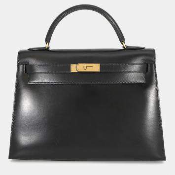 Pre Owned Hermes Kelly Sellier Black Box Calf Leather Size 32