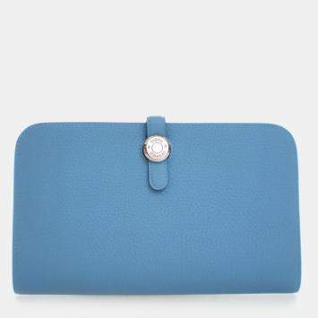 Pre Owned Hermes Dogon Duo Blue Togo Calfskin Leather Wallet