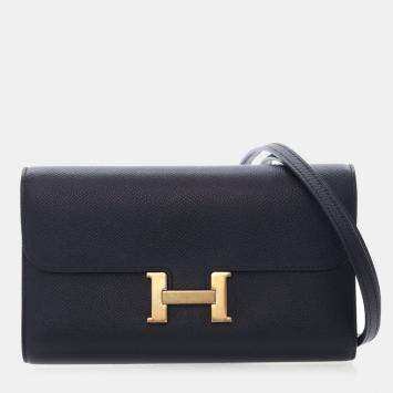 Pre Owned Hermes Constance To Go Black Epsom Calfskin Leather Wallet on Chain