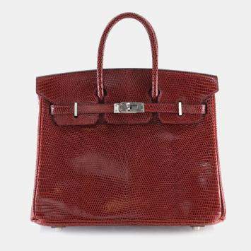 Pre Owned Hermes Birkin 25 Burgundy Lizard Leather Top Handle Bag