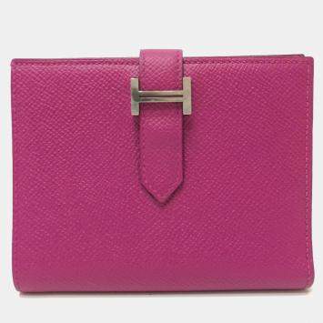 Pre Owned Hermes Bearn Compact Wallet With H Hardware Bi-Fold Wallet Epsom Leather Rose Purple