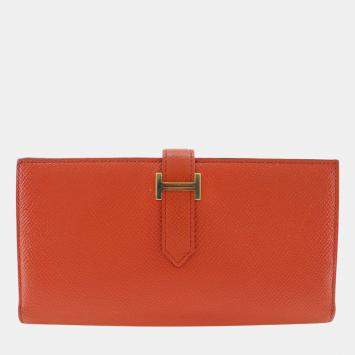 Pre Owned Hermes Orange Epsom Bearn Soufflet Wallet