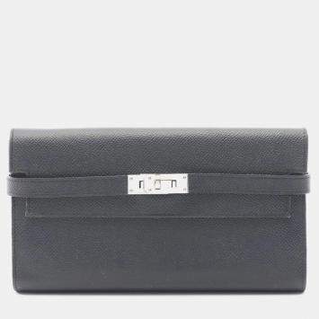 مملوكة مسبقًا Hermes Kelly Wallet Long Verso Bifold Leather Calfskin Epsom Navy