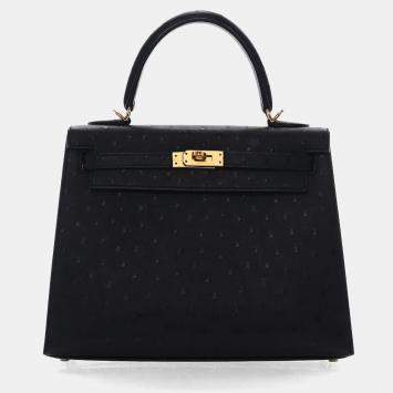 Pre Owned Hermes Noir Ostrich Sellier Kelly 25