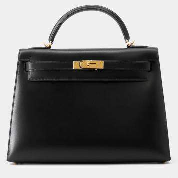 مملوكة مسبقًا Hermes Kelly Sellier Black Box Calf Leather Size 32