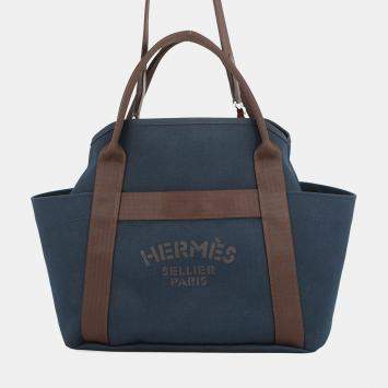 مملوكة مسبقًا Hermes Sack De Pansage 2-Way Tote Navy/Feu Toile Chevrons Canvas