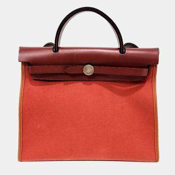 Pre Owned Hermes Brown/Red Canvas and Leather New Zip Herbag Small (T)