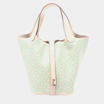 Pre Owned HERMES Picotin Rock PM Lucky Daisy Handbag Swift leather Vert Nata SHW 