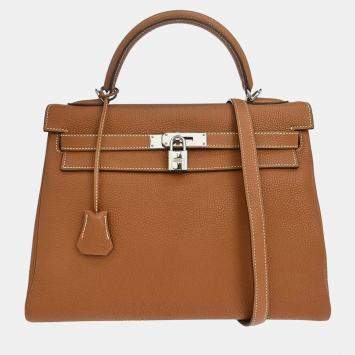 Pre Owned Hermes Kelly Retourne 32 Gold Togo Calfskin Leather Palladium Hardware Top Handle Bag