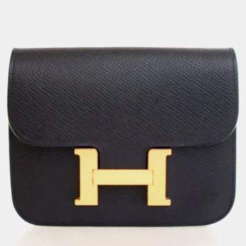 Pre Owned Hermes Constance Slim Noir Epsom Calfskin Leather Wallet