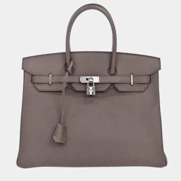 مملوكة مسبقًا Hermes Birkin 35 Gris Etain Epsom Calfskin Leather Palladium Hardware Top Handle Bag