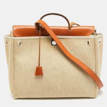 Pre Owned Hermes Tan/Beige Canvas and Leather 2 in 1 Herbag 39 Bag