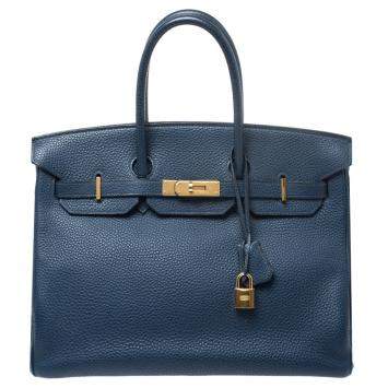 Pre Owned Hermes Blue De Malte Togo Leather Gold Hardware Birkin 35 Bag