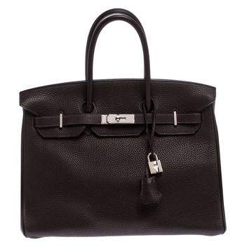 Pre Owned Hermes Ebene Togo Leather Palladium Hardware Birkin 35 Bag