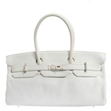 Pre Owned Hermes White Taurillon Clemence Leather Palladium Hardware Shoulder Birkin 42 Bag