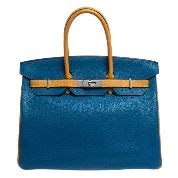 Pre Owned Hermes Blue Hydra/Jaune d'Or Clemence Leather Special Order Palladium Hardware Birkin 35 Bag