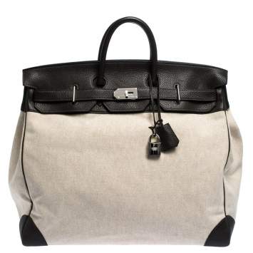 Pre Owned Hermes Beige Canvas and Ebene Clemence Leather Palladium Hardware HAC Birkin 50 Bag