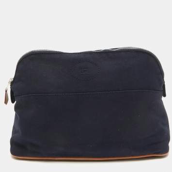Pre Owned Hermes Navy Blue/Brown Canvas Medium Bolide Case