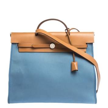 Pre Owned Hermes Natural/Blue Canvas and Leather Herbag Zip 39 Bag