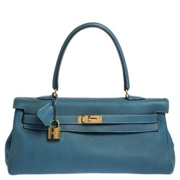 Pre Owned Hermès Blue Jean Clemence Leather Gold Hardware Shoulder Kelly 42 Bag