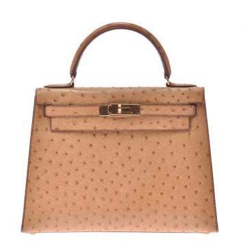 Pre Owned Hermes Chestnut Ostrich Leather Gold Hardware Kelly Sellier 28 Bag 