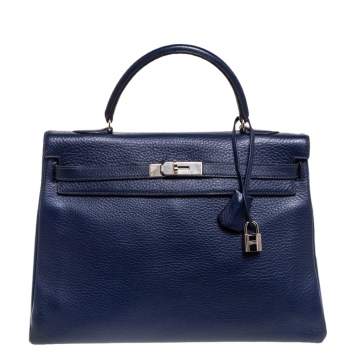 مملوكة مسبقًا Hermes Blue Encre Clemence Leather Palladium Hardware Kelly Retourne 35 Bag