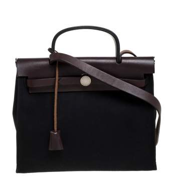 مملوكة مسبقًا Hermes Black/Brown Canvas and Leather Herbag Zip 31 Bag
