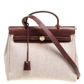 Pre Owned Hermes Chocolate Brown/Beige Toile and Leather Herbag 31 Bag