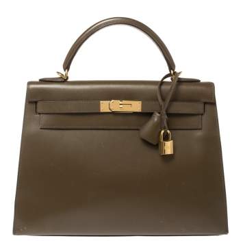 Pre Owned Hermes Lichen Tadelakt Leather Gold Hardware Kelly Sellier 32 Bag