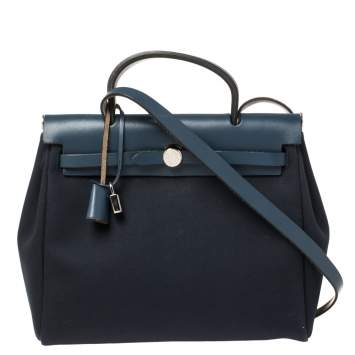 Pre Owned Hermes Blue Marine/Saphir Canvas and Leather Herbag Zip 31 Bag