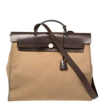 Pre Owned Hermes Etoupe/Ebene Canvas and Leather Herbag Zip 39 Bag