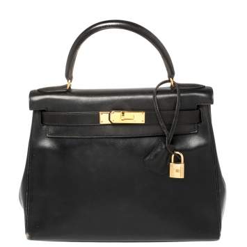 Pre Owned Hermes Black Box Calf Leather Gold Hardware Kelly Retourne 28 Bag