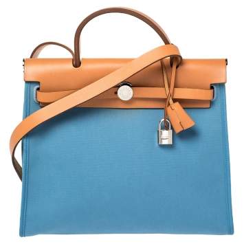 Pre Owned Hermes Natural/Blue Agate Canvas and Leather Herbag Zip 31 Bag