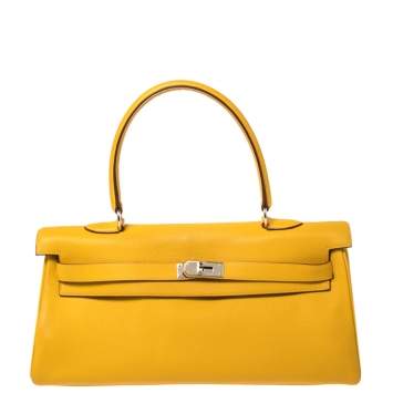 Pre Owned Hermes Jaune Ambre Togo Leather Palladium Hardware Shoulder Kelly 42 Bag