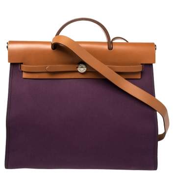 Pre Owned Hermes Fauve/Cassis Lin Canvas and Leather Herbag Zip 39 Bag
