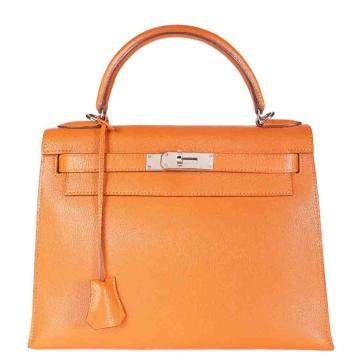 Pre Owned Hermes Orange Chevre Leather Sellier Kelly 28 Bag