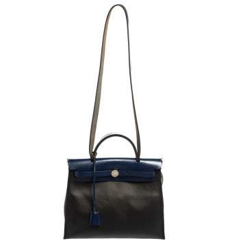 Pre Owned Hermes Black/Blue Sapphire Coated Canvas and Leather Limited Edition Herbag Zip 31 Bag