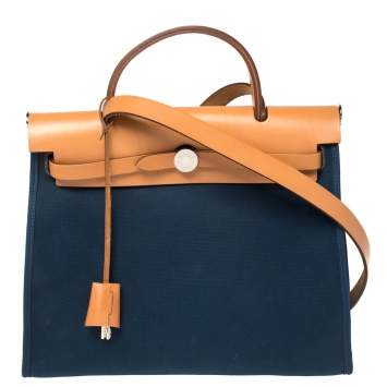 Pre Owned Hermes Bleu De Malte/Natural Canvas And Leather Herbag Zip 31 Bag