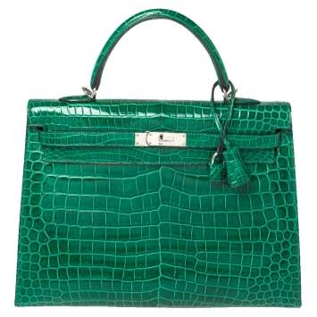 مملوكة مسبقًا Hermès Vert Emerald Shine Crocodile Porosus Palladium Finished Kelly Sellier 35 Bag