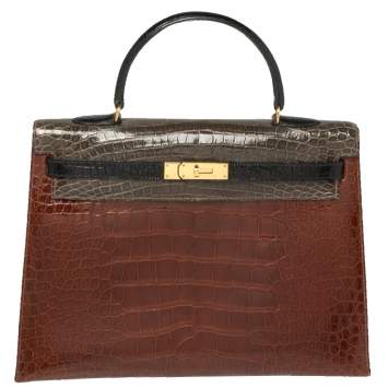 Pre Owned Hermès Tri Color Shine Alligator Gold Finished Kelly Sellier 35 Bag