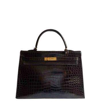 Pre Owned Hermes Brown Porosus Crocodile Leather Gold Hardware Kelly 35 Bag