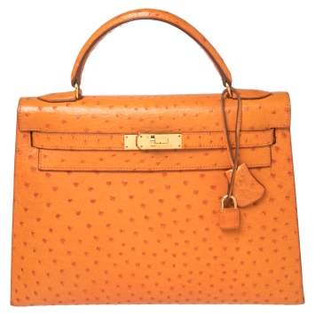 Pre Owned Hermes Orange Ostrich Gold Finished Kelly Sellier 32 Bag