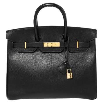 Pre Owned Hermes Black Taurillon Clemence Leather Gold Finished Birkin 35 Bag