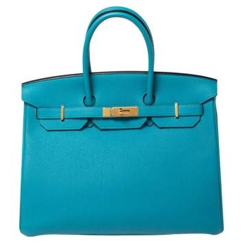 Pre Owned Hermes Turquoise Togo Leather Gold Hardware Birkin 35 Bag