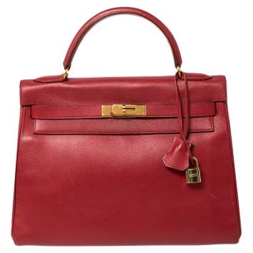 Pre Owned Hermes Rouge VIF Courchevel Leather Gold Finished Kelly Retourne 32 Bag
