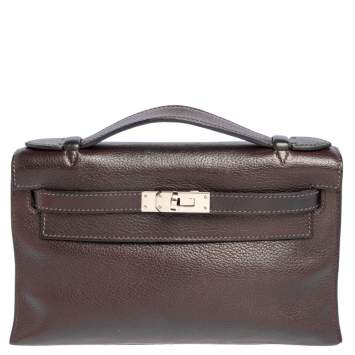 Pre Owned Hermès Havane Evergrain Leather Palladium Plated Kelly Pochette