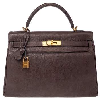 Pre Owned Hermes Chocolat Taurillon Clemence Leather Gold Hardware Kelly Retourne 32 Bag