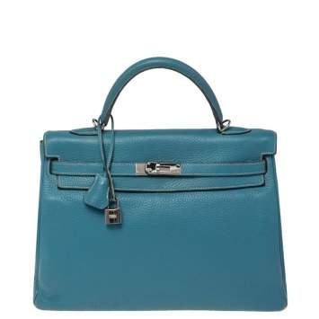 Pre Owned Hermes Bleu Jean Taurillon Clemence Leather Palladium Hardware Kelly Retourne 35 Bag