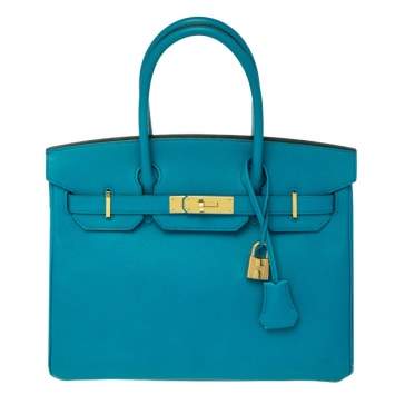 Pre Owned Hermes Blue Izmir Epsom Leather Gold Hardware Birkin 30 Bag