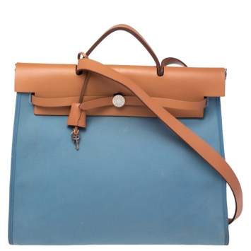 Pre Owned Hermes Bleu Lin/Natural Canvas and Leather Herbag Zip 39 Bag
